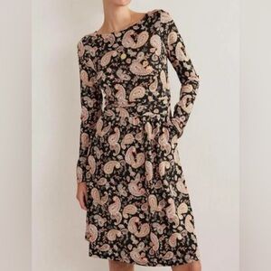 BODEN Abigail Jersey Knit Pullover Sheath Dress Black Orange Paisley Print 8